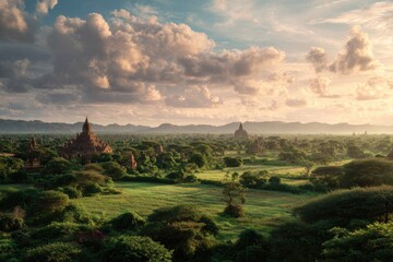 Ancient temples at sunset, lush landscape