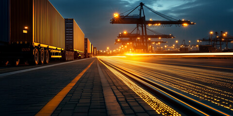 Logistics operations amid trade war export dynamics and stock chart trends at shipping ports global economy nighttime view