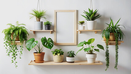Photo of blank canvas in a wooden frame, potted plants, empty  mock up on a wooden shelf, isolated on white background
