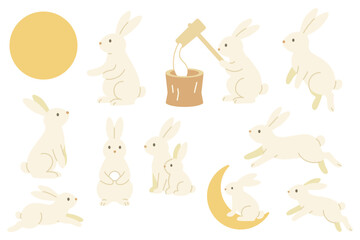 満月といろんなポーズのかわいうさぎ素材集