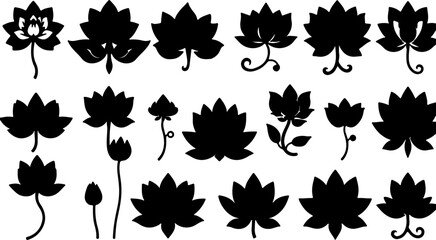 Water Lily Silhouette Vector Set, Water Lily Outline Vector Art, Water Lily Flower Silhouette Collection, Set of Water Lily Vector Illustrations, Botanical Water Lily Silhouette Set, Minimalist Water