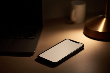 Smartphone on a table beside a laptop at night