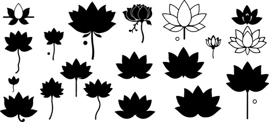 Water Lily Silhouette Vector Set, Water Lily Outline Vector Art, Water Lily Flower Silhouette Collection, Set of Water Lily Vector Illustrations, Botanical Water Lily Silhouette Set, Minimalist Water