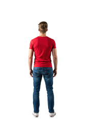 Young muscular caucasian man in red t-shirt, blue jeans, white sneakers, standing full length from rear view, head tilted up, gazing with wonder on a transparent studio background, bright copy
