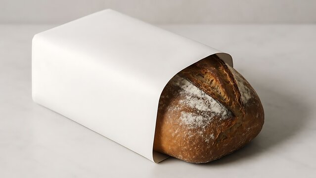 Minimalist bread packaging mockup with white paper wrap on a wooden loaf.	