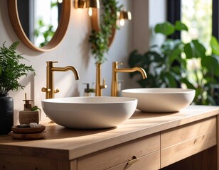 Fototapeta premium Stylish Double Bathroom Vanity with White Vessel Sinks, Gold Faucets, and Greenery