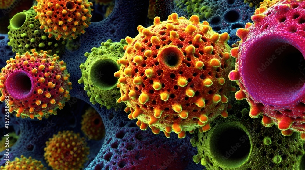 Poster abstract representation of virus particles at the microscopic level highlighting vibrant textures an