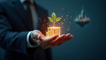 A business person presents a glowing seed sprouting into a bar graph on a tech island. Futuristic business metaphor.