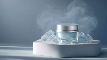 Skincare cream displayed with ice and mist effects