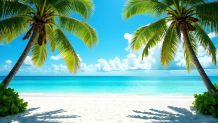 serene tropical beach view with lush palms over white sand and a clear turquoise ocean, concept of travel and leisure, holiday destinations