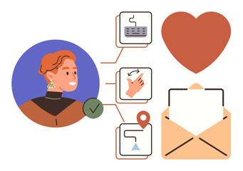 User portrait connected to tasks, map pin, and heart symbol via diagrams and envelope. Ideal for communication, connection, task management, navigation, customer service, relationships simple flat