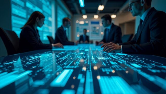business professionals discussing over a digital interface map table in a modern boardroom, concept of corporate strategy, data analysis