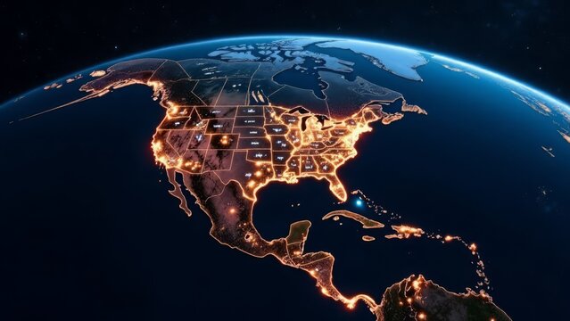 stunning aerial view of north america illuminated at night from space, concept of global connectivity and technology, mapping and geography - Powered by Adobe