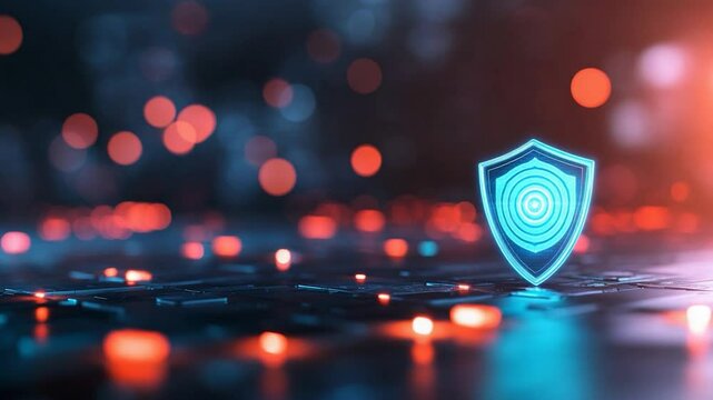Digital security shield icon on abstract technology background with glowing lights cyber protection concept