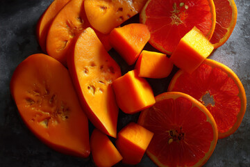 Freshly cut melon and citrus fruits on a surface