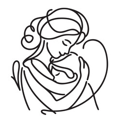 Continuous line drawing of mother and baby. Mother hugs baby sketch