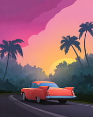 Classic car at sunset in paradise
