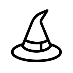 Minimal black line icon of a classic witch hat with a buckle, often used for Halloween, magic, or fantasy-themed designs.
