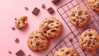 Freshly baked chocolate chip cookies on a pink surface