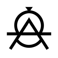 Black minimalist icon representing an abstract alchemical symbol, often associated with mysticism, transformation, or esoteric philosophy.
