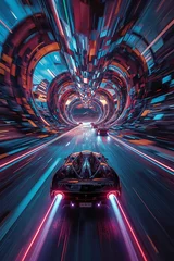 Tableau sur plexiglas Véhicules The surreal racing scene features a futuristic landscape with abstract lines and geometric shapes, while vehicles emit bright lights, creating a vibrant, electrifying atmosphere as they race towards t  © MDESTIAK