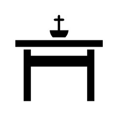 Black silhouette icon of an altar table with a cross, commonly representing worship, faith, church services, or religious ceremonies.
