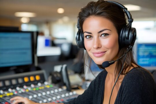 Sound engineer working in recording studio wearing headphones