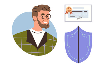 Smiling man with glasses, certificate of achievement, shield symbolizing safety and trust. Ideal for success, validation, security, career growth, achievements compliance and trust. Minimalistic
