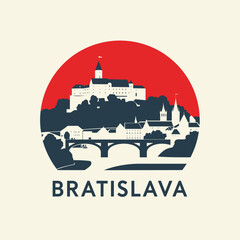 Minimal vector of Bratislava with castle, bridge, and churches against red sun. Bold and modern cityscape