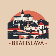 Naklejka premium Stylized vector of Bratislava with castle, churches, and bridge in red-toned design. Historic city view