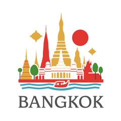 Colorful vector of Bangkok with Thai temples, river, boat, trees and sun. Traditional and vibrant cityscape