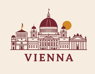 Elegant vector of Vienna with classical architecture, domes and sun. European capital city in refined line style