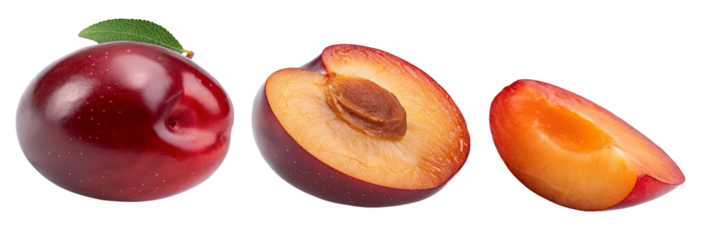 Juicy ripe plums sliced and whole fruit with vibrant colors and fresh texture for healthy eating