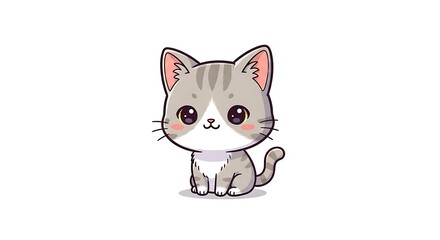 Obraz premium Digital illustration of an adorable gray and white cartoon cat sitting on a plain white background with big eyes.
