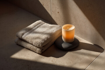 Relaxing bathroom setup with towel and candle