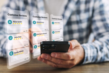 Customer rating service via smartphone app Client gives five-star review Online feedback for quality satisfaction and business reputation in digital interface