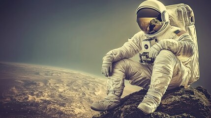 Naklejka premium Astronaut rests on rock with earth in visor reflection