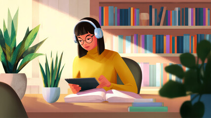 Studying at a cozy desk with books and plants