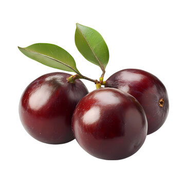 A close up of three jabuticaba fruits with green leaves on a dark background isolated on transparent background