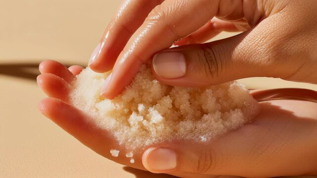 Soft exfoliating salt scrub held in hand for natural skin care and beauty, close up of clean skin with gentle exfoliation promoting smooth healthy appearance and natural texture
