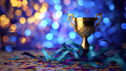 Trophy stands surrounded by colorful confetti