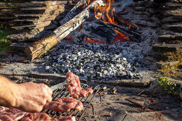 Person grilling raw meat over a fire pit with glowing embers and burning logs. Outdoor cooking...