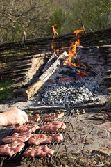Person grilling raw meat over a fire pit with glowing embers and burning logs. Outdoor cooking...