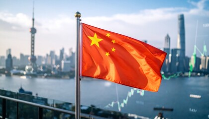 Financial Growth Visualized As Chinese Flag Fronts Stock Data Over A Cool Urban Skyline