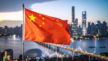 Financial Growth Visualized As Chinese Flag Fronts Stock Data Over A Cool Urban Skyline