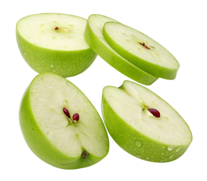 Fresh green apple slices with seeds isolated on white background for healthy eating and recipes