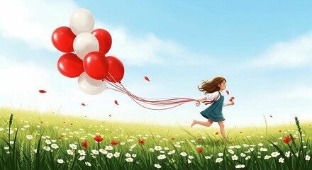 Freedom in Bloom — Girl Running Through Meadow with Red and White Balloons