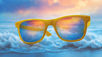 Sunglasses mirror a serene sunset