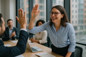 High Five in Business : A joyful high five moment between two business colleagues in a vibrant office setting, symbolizing achievement and camaraderie.