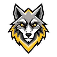 Gray wolf's head with intense yellow eyes and stylized fur is staring fiercely
